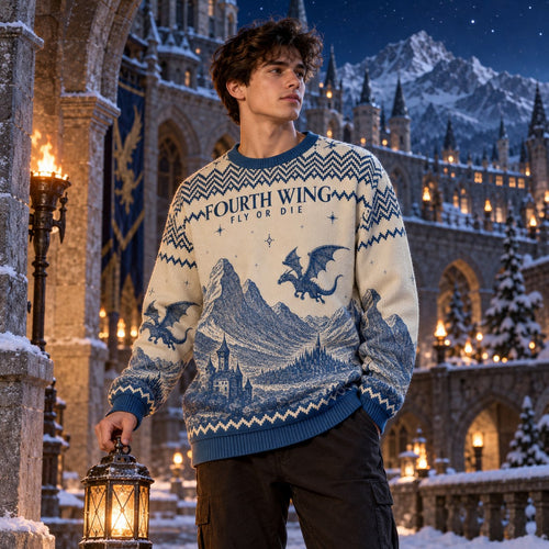 Fly or Die Dragon Rider Cream Blue Knit Ugly Christmas Sweater - worn lifestyle view
