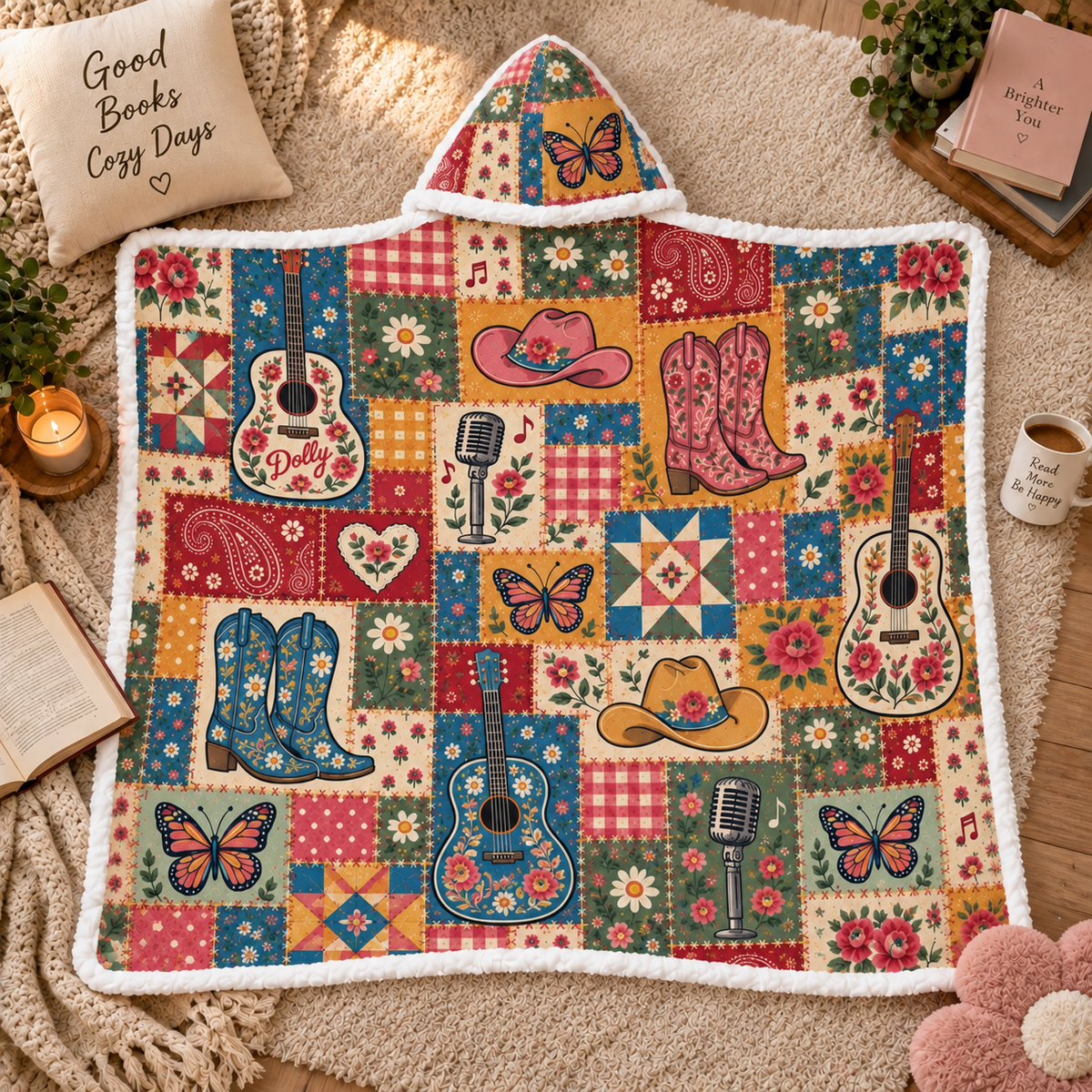 Country Western Cowgirl Wearable Blanket, Pink Western Fan Gift Country Concert Hooded Blanket