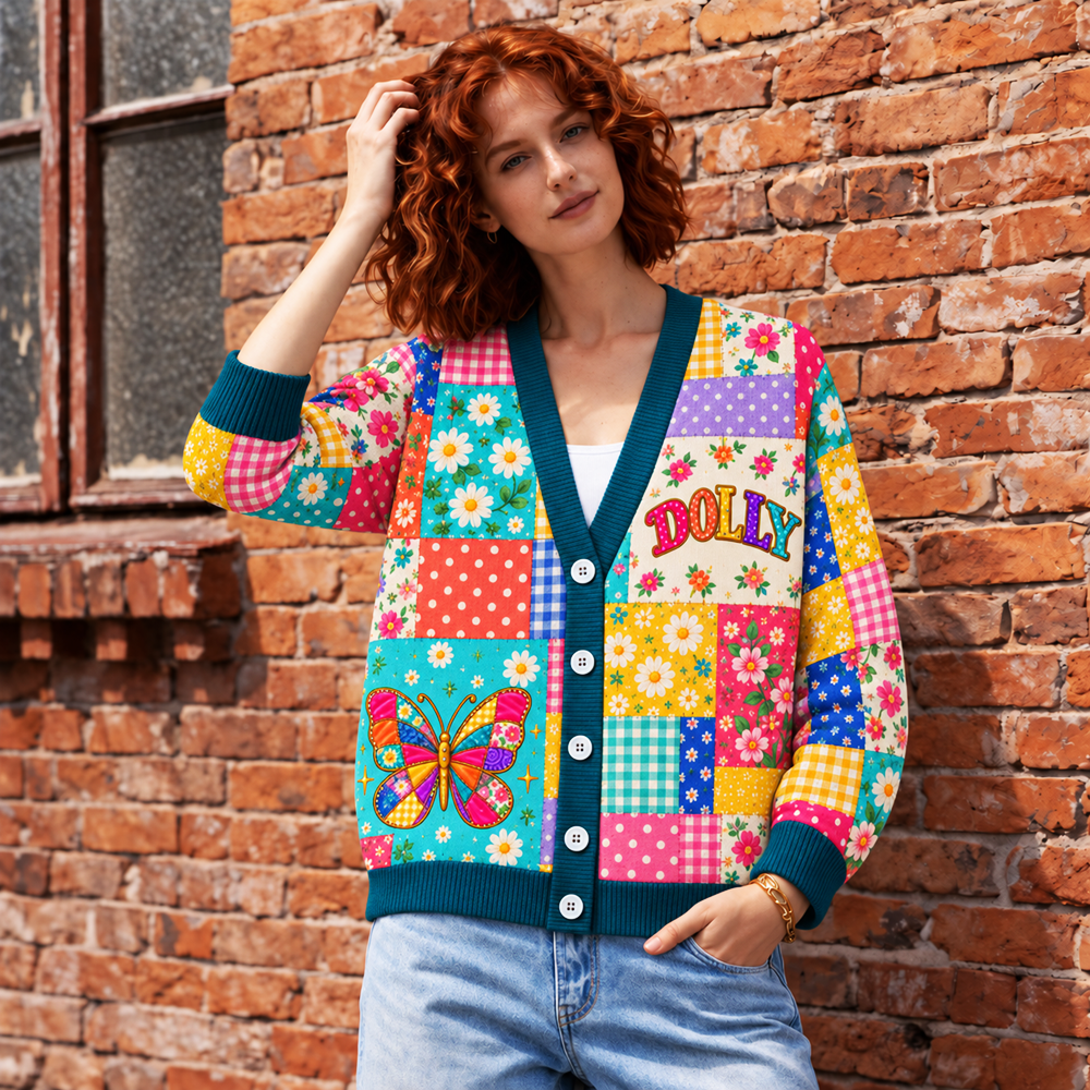 Butterfly Cardigan for Women - Colorful Patchwork Floral Knit Sweater with Cowboy Hat Design
