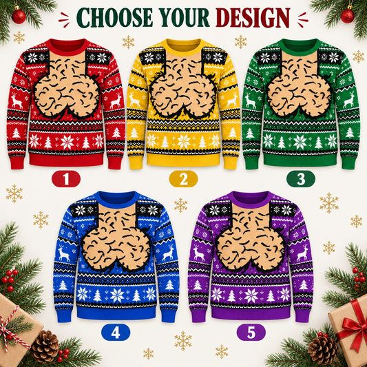 Funny Adult Christmas Sweater, Novelty Graphic All-Over Print Ugly Holiday Sweater, Red Black Festive Party Pullover
