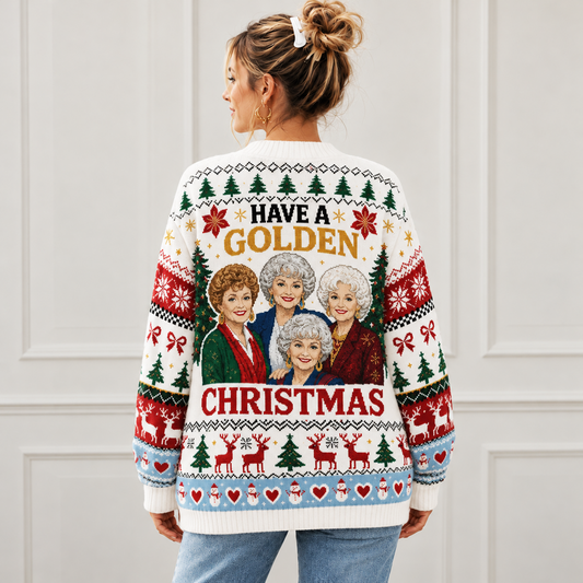 Golden Girls Christmas Cardigan - Have a Golden Christmas Stay Golden Ugly Christmas Knit Sweater