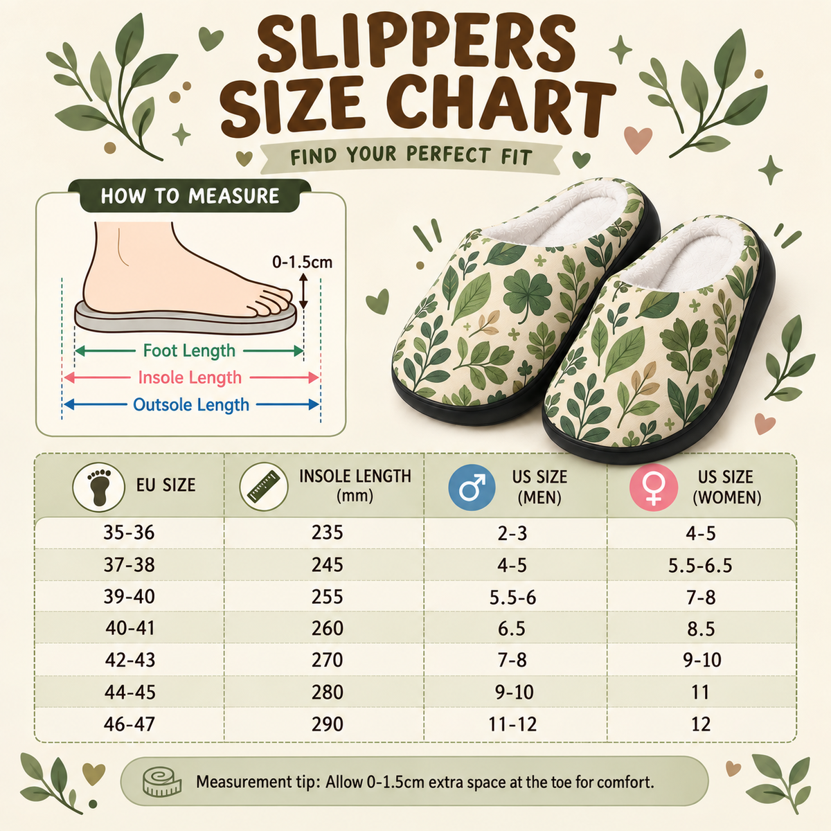 Slippers size chart