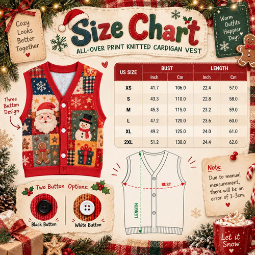 Cardigan vest with button size chart XS to 2XL