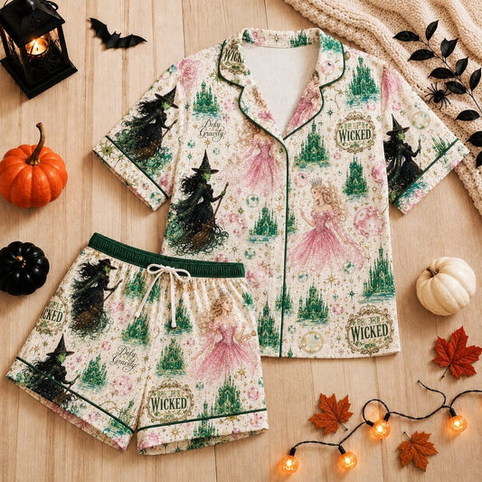 Satin Pajamas for Women - Green Witch & Pink Princess Fantasy Castle Print