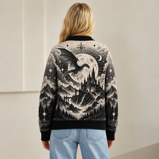 Fourth Wing cardigan Threshing Day moonlit dragon mountain black gray knit - view 6