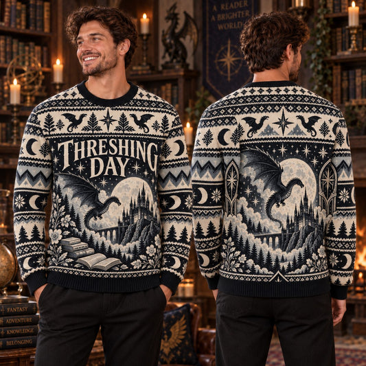 Threshing Day Moonlit Castle Black Knit Ugly Christmas Sweater