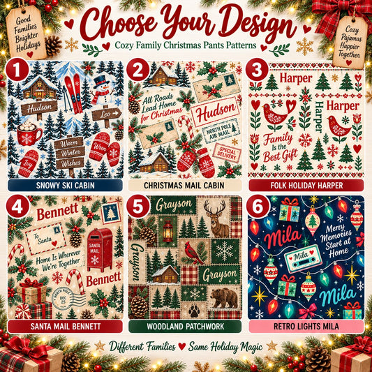 Personalized Christmas satin pajamas ski cabin - choose your design, 6 patterns