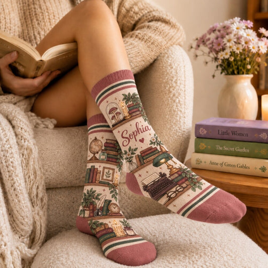 Shhh I’m Reading Socks, Cozy Book Lover Crew Socks, Bookworm Socks for Women, Reader Gift, Holiday Bookish Gift