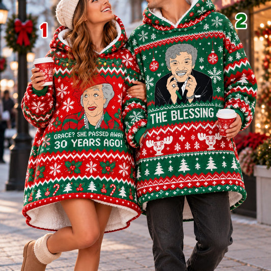 Funny Retro TV Grandma Red Green Matching Couple Blanket Hoodie - view 2