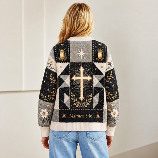 Let Your Light Shine Matthew 5:16 Christian cardigan black cream lantern cross - view 4