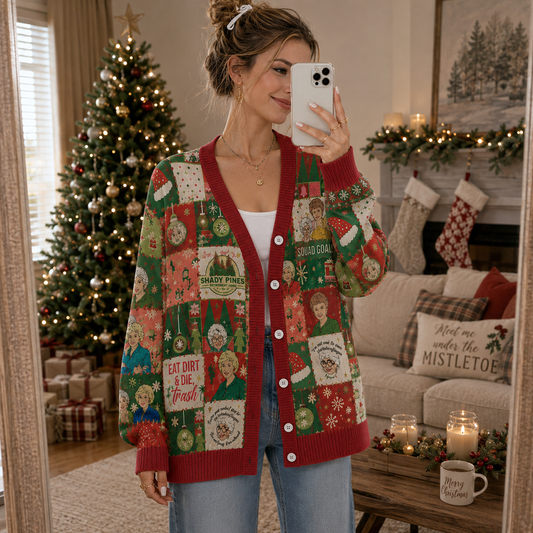 Retro Christmas Patchwork Cardigan, Vintage Holiday Knit Sweater, Festive Friendship Button Cardigan, Funny Christmas Gift for Her