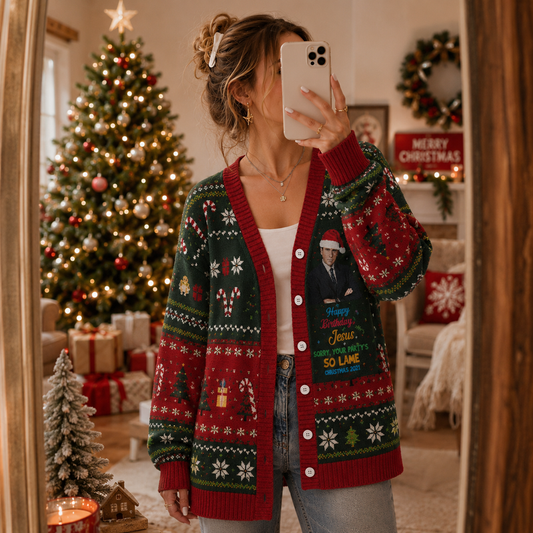 Funny Christmas Knit Cardigan, Retro Holiday Button Sweater, Office Party Christmas Cardigan, Festive Gift for Coworker