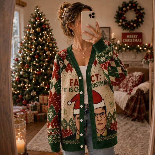 Funny Office Christmas Knit Cardigan, Retro Workplace Holiday Sweater, Festive Argyle Button Up Cardigan, TV Comedy Fan Gift