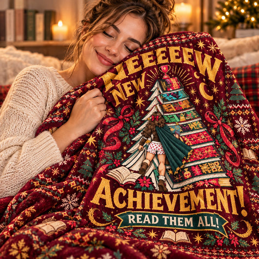 New Achievement Read Them All Christmas Blanket - cozy fleece close-up