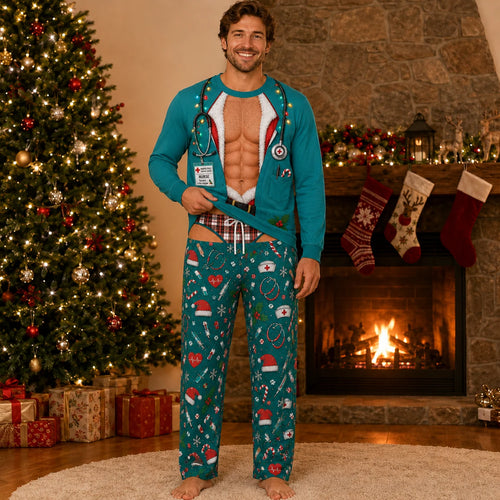Funny Naughty Nurse Couples Matching Christmas Pajamas - Fake Body Print Set