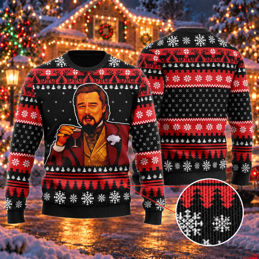 Laughing Cheers Man Red Black Knit Ugly Christmas Sweater - front and back view