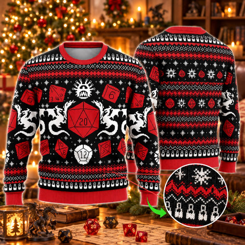 D20 Dice Dragon Skull Red Black Knit Ugly Christmas Sweater - front and back view