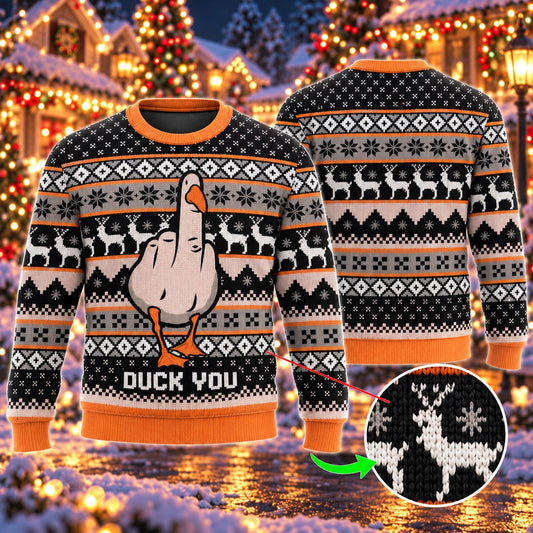Funny Sassy Goose Orange Black Reindeer Knit Ugly Christmas Sweater - front and back view