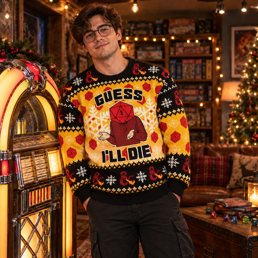 Guess I'll Die Yellow Black D20 Knit Ugly Christmas Sweater - front and back view