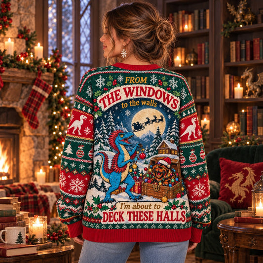 From the Windows to the Walls Raptor Green knit ugly Christmas sweater - back