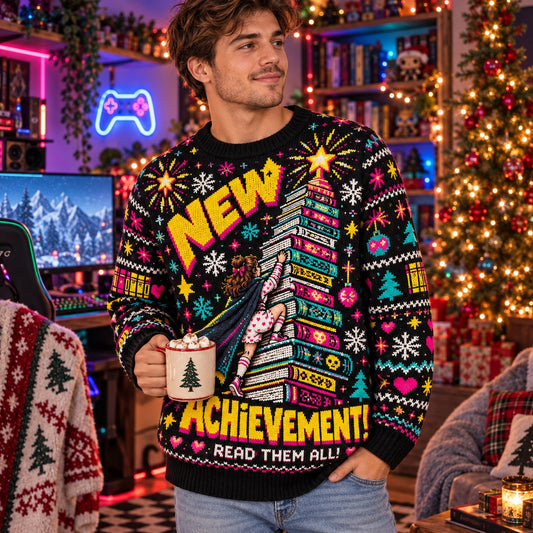 New Achievement Read Them All knit ugly Christmas sweater - worn