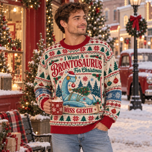 Miss Gertie Brontosaurus For Christmas knit ugly Christmas sweater - worn