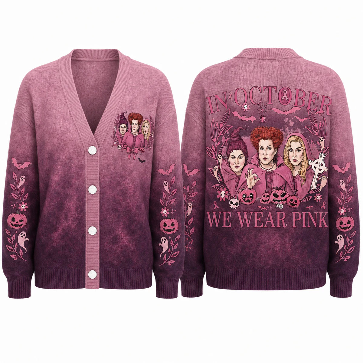 In October We Wear Pink Witches Cardigan - Hocus Pocus Breast Cancer Awareness Sweater