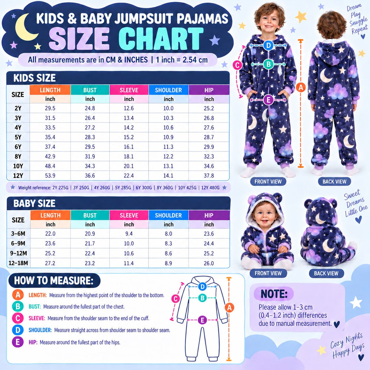 Kids and baby jumpsuit pajamas size chart
