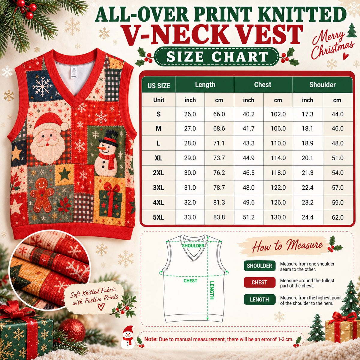 V-neck vest size chart S to 5XL