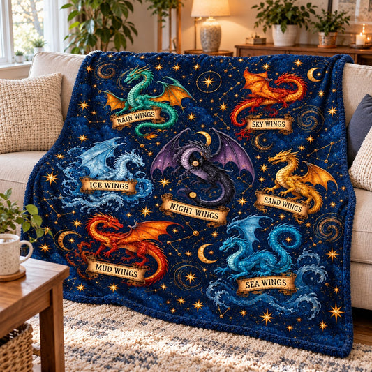Wings of Fire Fleece Blanket - Constellation Dragons Navy Throw - on sofa