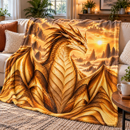 Wings of Fire SandWing Fleece Blanket - Golden Desert Sunset Dragon Throw - on sofa