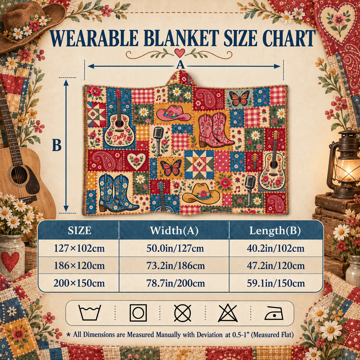 Country Western Wearable Blanket - Patchwork Guitar, Boots & Butterfly Hooded Sherpa Throw