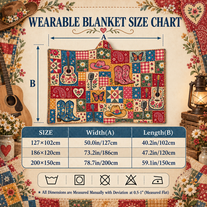 Country Western Wearable Blanket - Patchwork Guitar, Boots & Butterfly Hooded Sherpa Throw