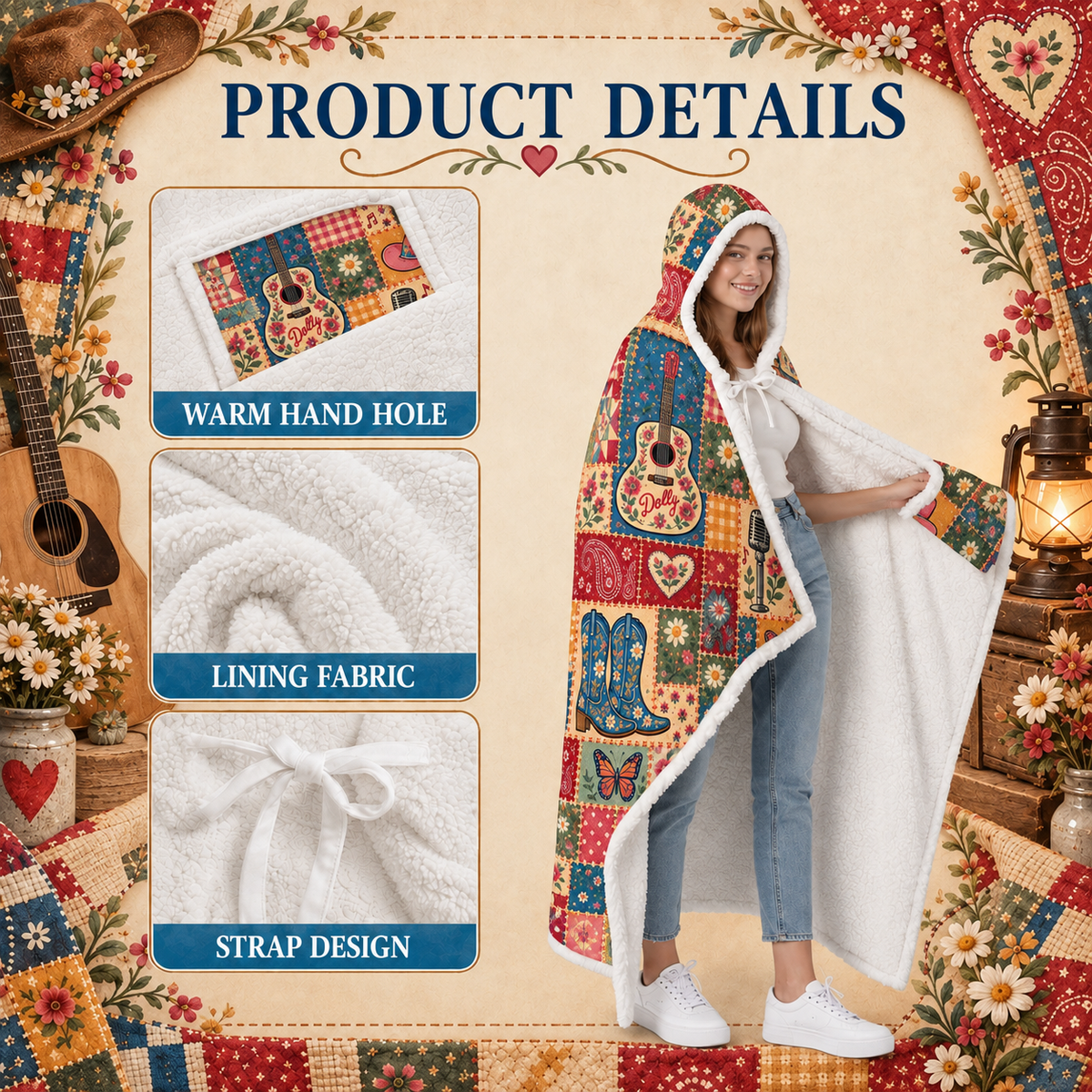 Country Western Wearable Blanket - Patchwork Guitar, Boots & Butterfly Hooded Sherpa Throw