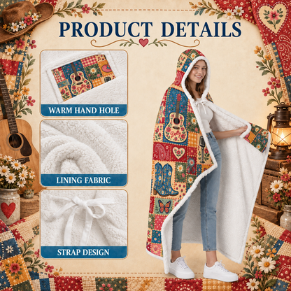 Country Western Wearable Blanket - Patchwork Guitar, Boots & Butterfly Hooded Sherpa Throw