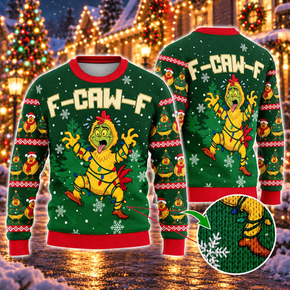 Chicken Costume Christmas Lights Green Knit Ugly Christmas Sweater - front and back view