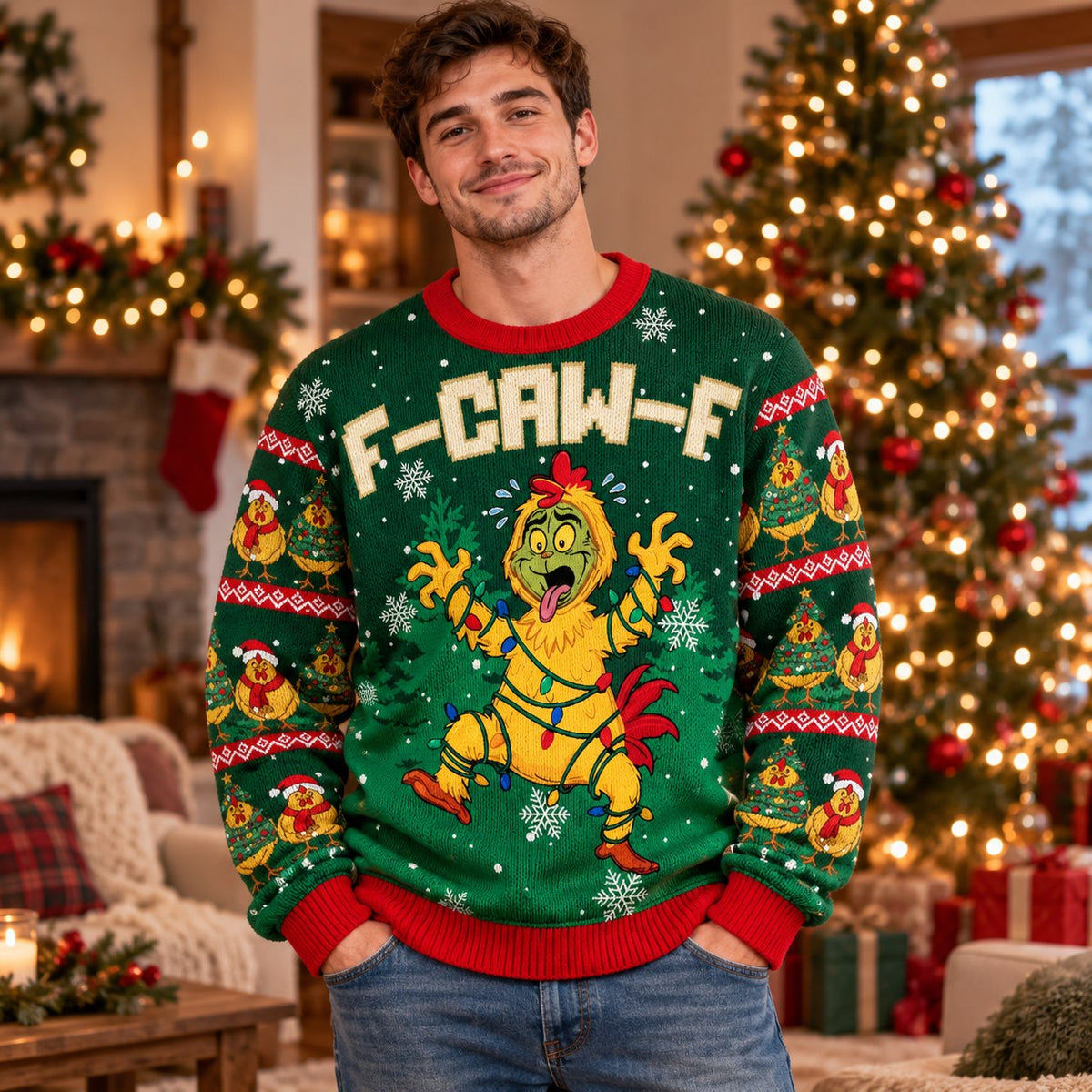 Chicken Costume Christmas Lights Green Knit Ugly Christmas Sweater - worn front view
