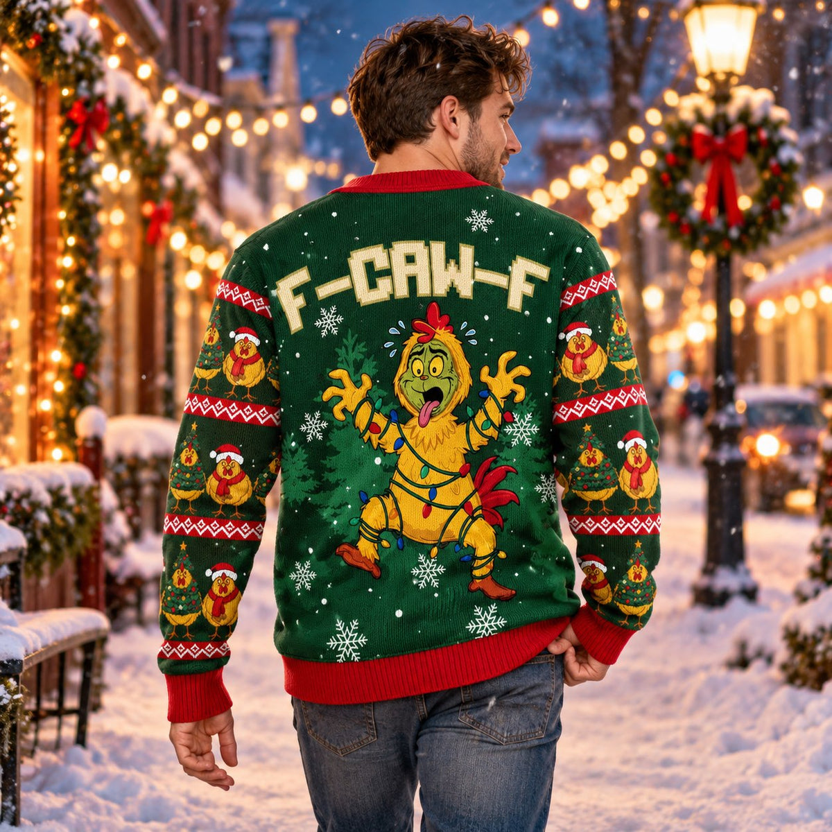 Chicken Costume Christmas Lights Green Knit Ugly Christmas Sweater - worn back view