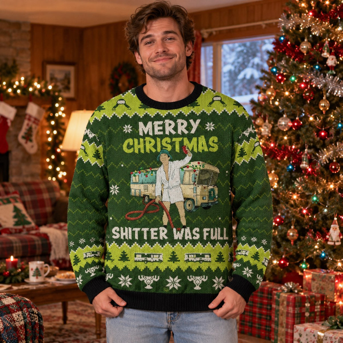 Merry Christmas Shitter Was Full knit ugly Christmas sweater - front