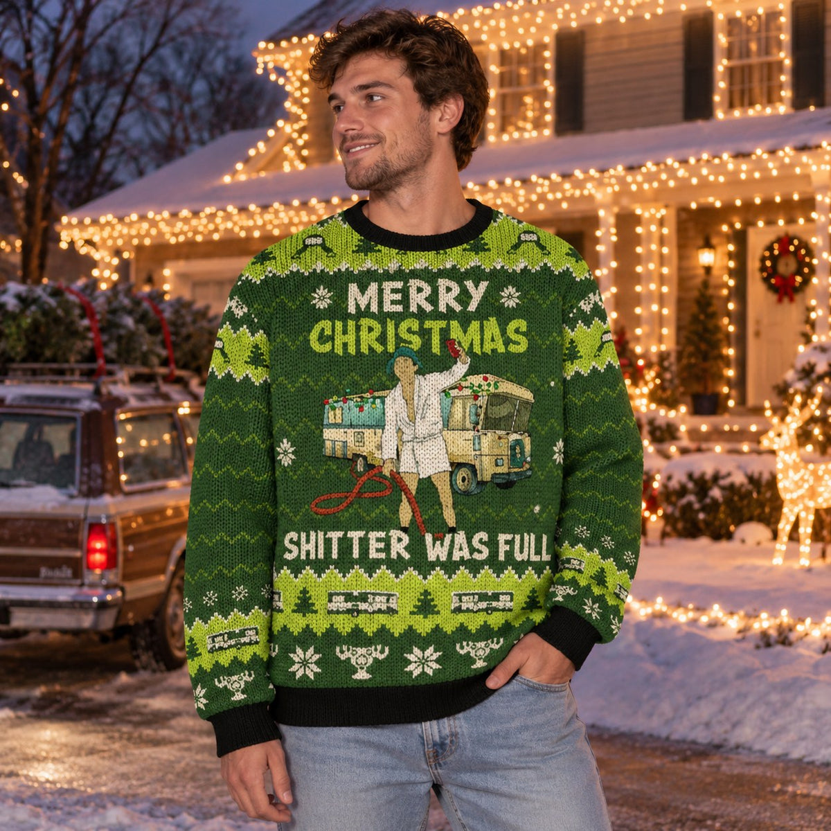 Merry Christmas Shitter Was Full knit ugly Christmas sweater - worn
