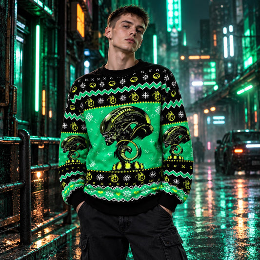Green Black Alien Creature Knit Ugly Christmas Sweater - worn front view