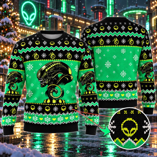 Green Black Alien Creature Knit Ugly Christmas Sweater - front and back view