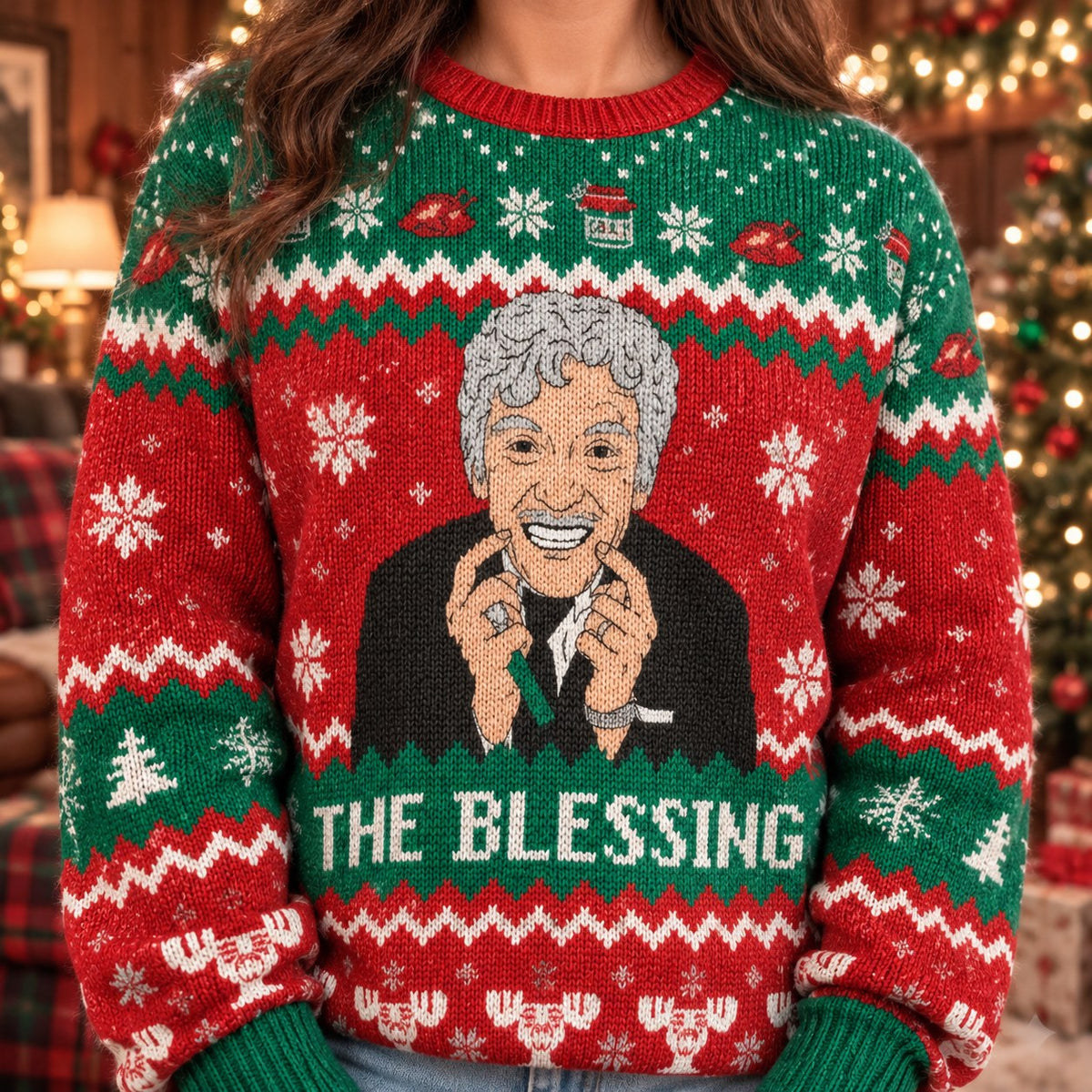 The Blessing Aunt Bethany knit ugly Christmas sweater - knit close-up