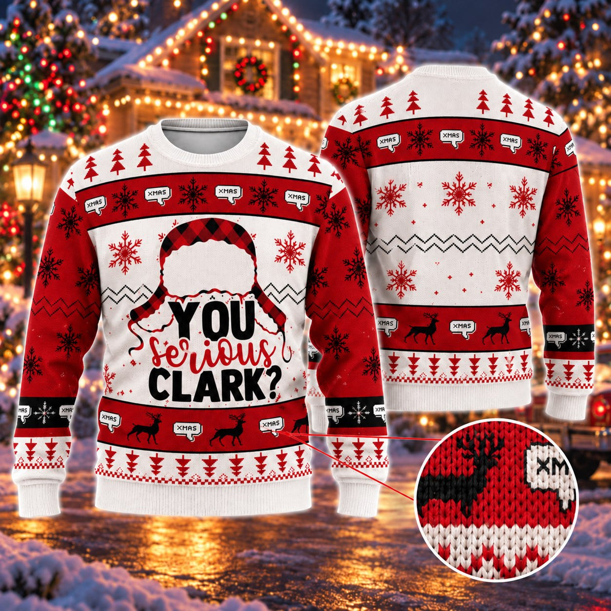 You Serious? Plaid Trapper Hat Red Knit Ugly Christmas Sweater - front and back view