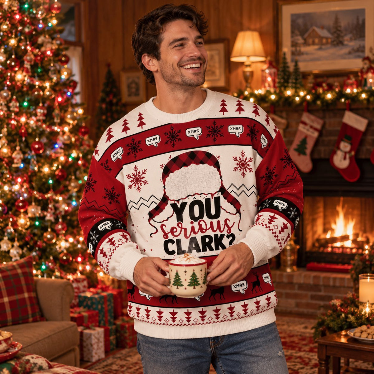 You Serious? Plaid Trapper Hat Red Knit Ugly Christmas Sweater - worn lifestyle view