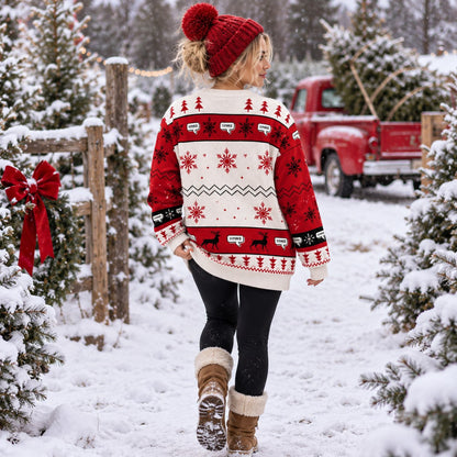 You Serious? Plaid Trapper Hat Red Knit Ugly Christmas Sweater - worn back view