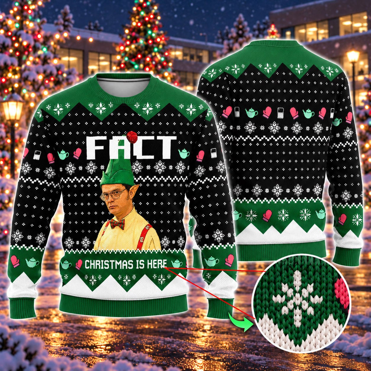 Christmas Is Here Fact Elf Hat Knit Ugly Christmas Sweater - front and back view