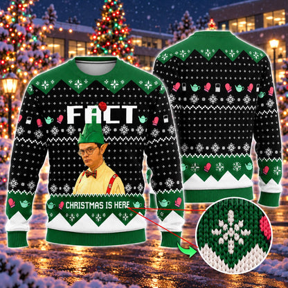 Christmas Is Here Fact Elf Hat Knit Ugly Christmas Sweater - front and back view