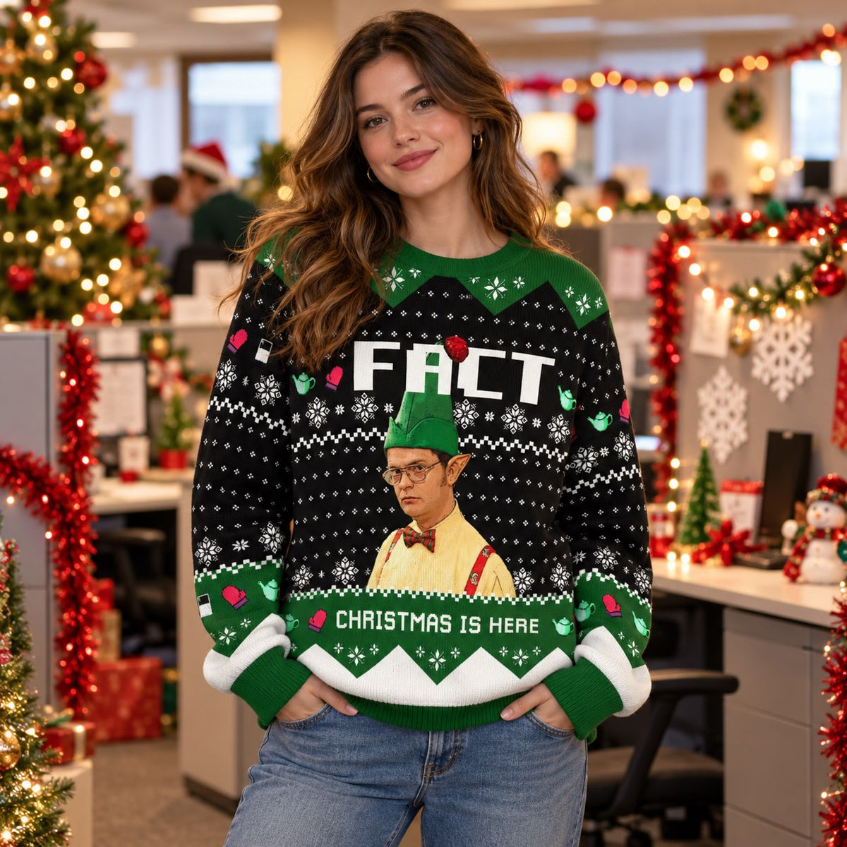 Christmas Is Here Fact Elf Hat Knit Ugly Christmas Sweater - worn front view