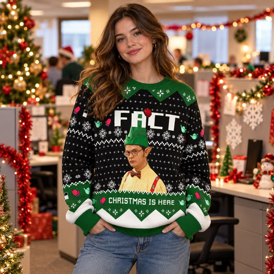 Christmas Is Here Fact Elf Hat Knit Ugly Christmas Sweater - worn front view